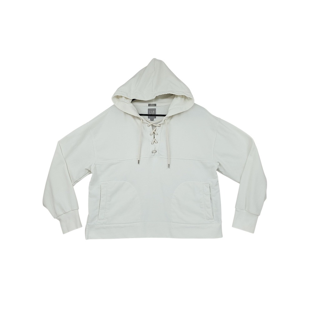 GAP Lace Up Hoodie S Women White Cream Sweats Pullover Sweatshirt Preppy Pockets